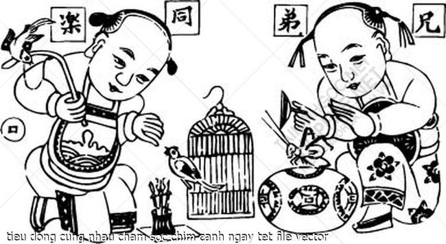 tieu dong cung nhau cham soc chim canh ngay tet file vector